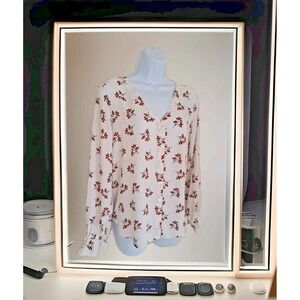 Ann Taylor Loft Floral Blouse Small V-Neck Long Sleeve Button Front Semi-sheer